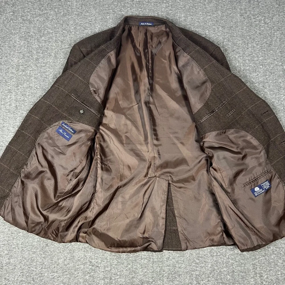 Alan Flusser Sport Coat Mens 44R Brown Lambswool Cashmere Windowpane Blazer